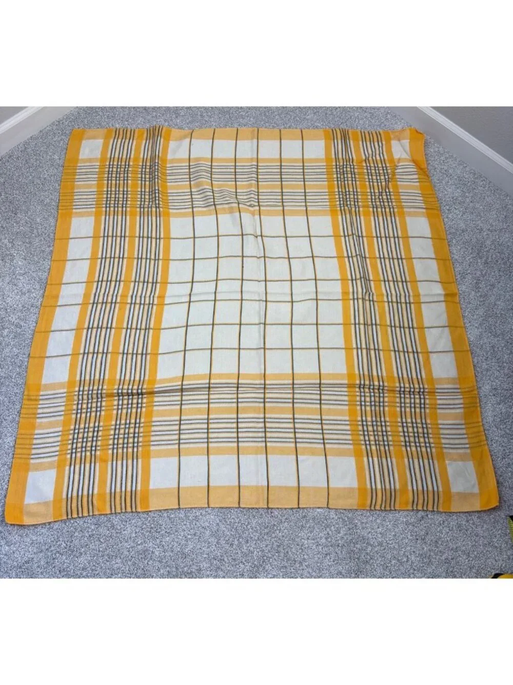 Vintage Square Tablecloth Yellow Plaid Black Grey White Unbranded 1950s